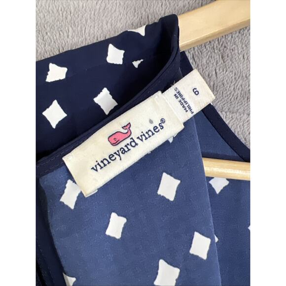 Vineyard Vines Dress Womens 6 Navy Diamond Print Flounce Flutter Sleeve Deep Bay - Picture 6 of 10
